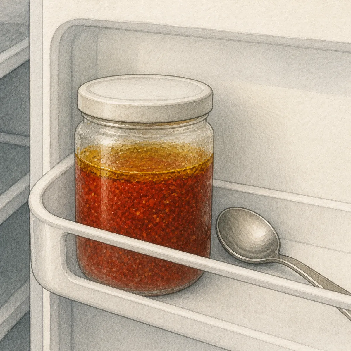 1: toples kaca kecil berisi sambal dengan lapisan minyak di permukaan, di rak pintu kulkas