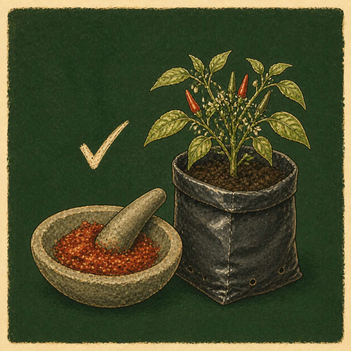 1: kartu ajakan gaya sketsa garis, cobek sambal bersanding dengan polybag cabai, dominan pine dengan teks krem