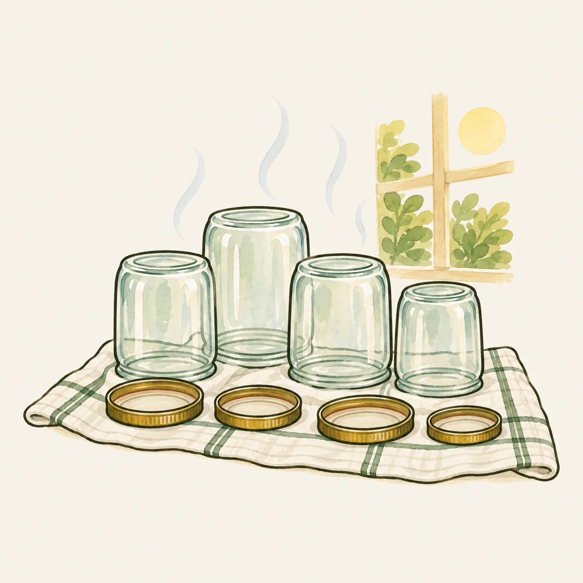 1: beberapa toples kaca kosong dikeringkan terbalik di atas lap dapur dekat jendela, tutupnya berjajar, uap tipis, cahaya pagi
