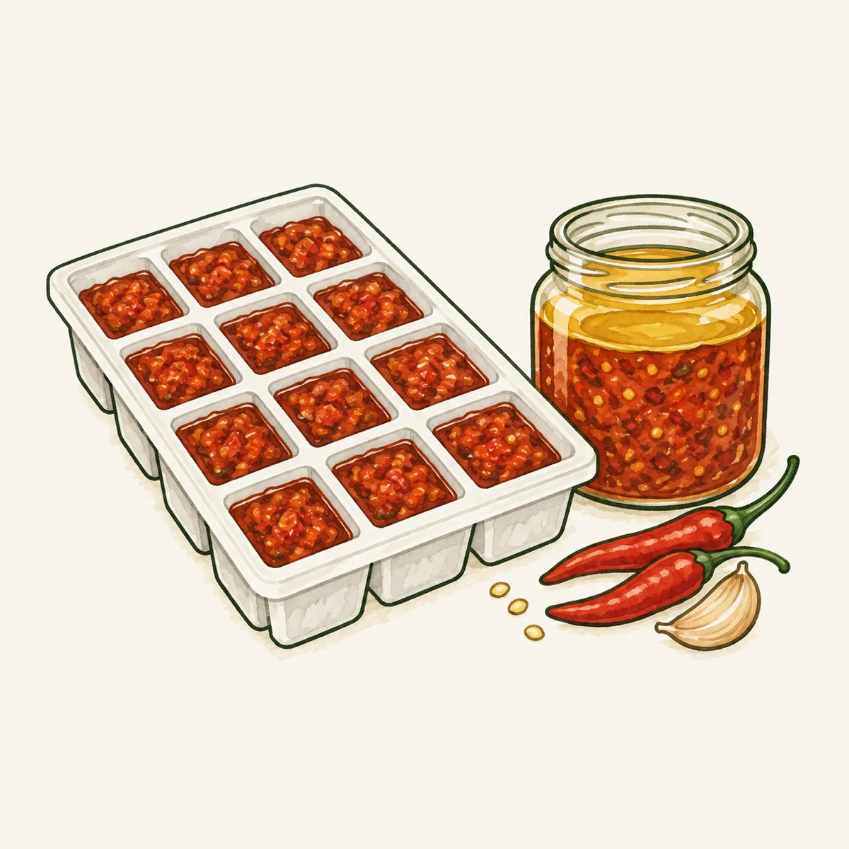 1: cetakan es batu plastik berisi sambal merah di tiap kotaknya, di sampingnya toples kaca sambal berlapis minyak, meja dapur, cahaya siang