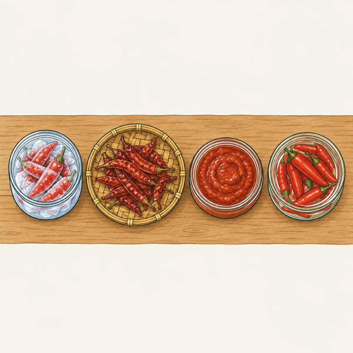 1: empat wadah berjajar di meja dapur — toples cabai beku, tampah cabai kering, toples sambal, toples rendaman — gaya flat-lay, cahaya pagi