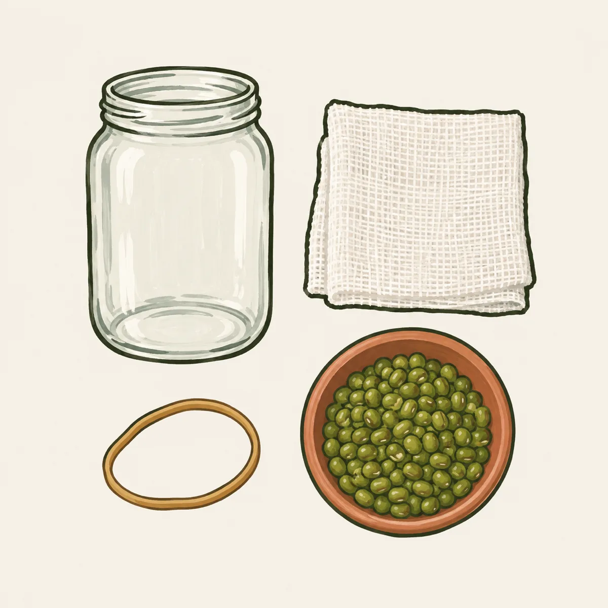 1: flat-lay toples kaca kosong, kain kasa, karet gelang, dan mangkuk kacang hijau di meja dapur