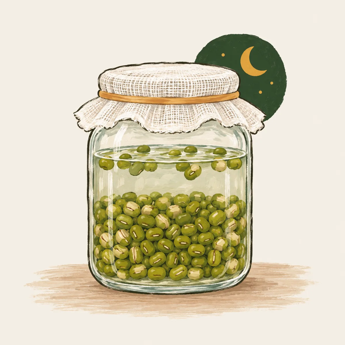 1: toples kaca berisi kacang hijau terendam air jernih ditutup kain kasa dan karet gelang, beberapa butir mengapung, malam di dapur