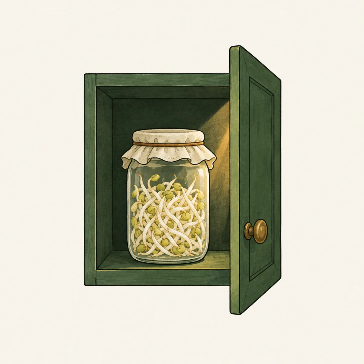 1: toples tauge di dalam lemari dapur yang gelap, pintu lemari setengah terbuka, hanya secercah cahaya dari dapur