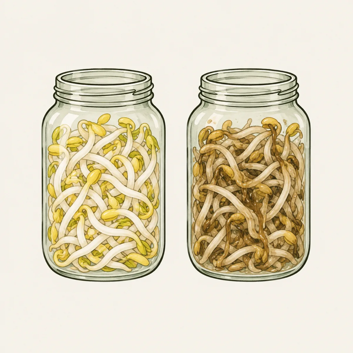 1: dua toples berdampingan, satu berisi tauge putih bersih, satu berisi kecambah kecokelatan berlendir, gaya ilustrasi