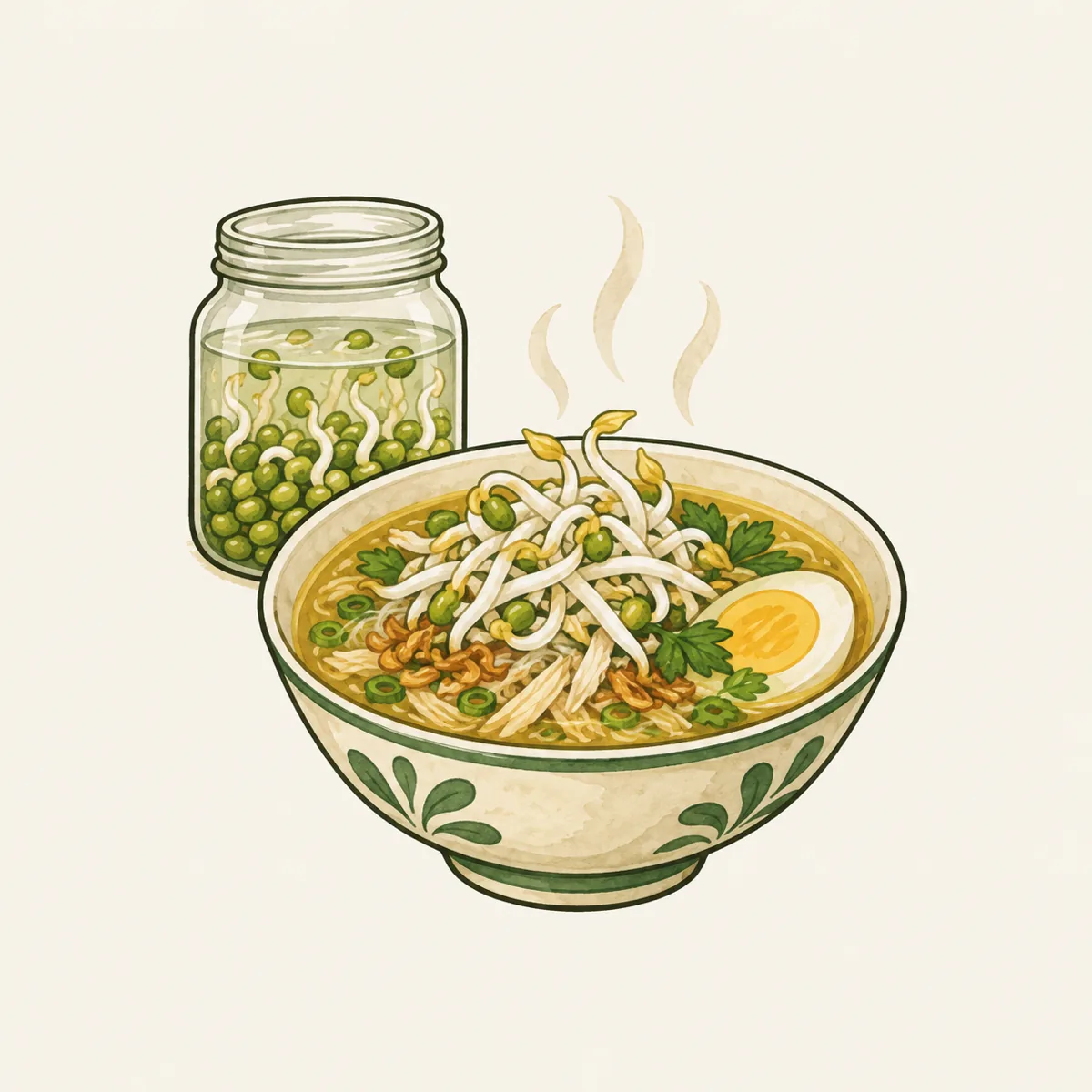 1: mangkuk soto mengepul dengan tauge putih di atasnya, toples tauge baru berisi kacang terendam di latar