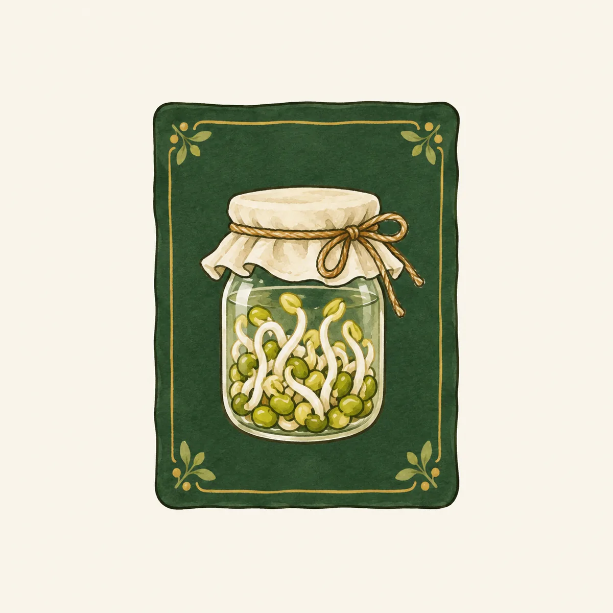 1: kartu ajakan dengan sketsa garis toples berkain dan kecambah kacang hijau, dominan warna pine, tanpa tulisan