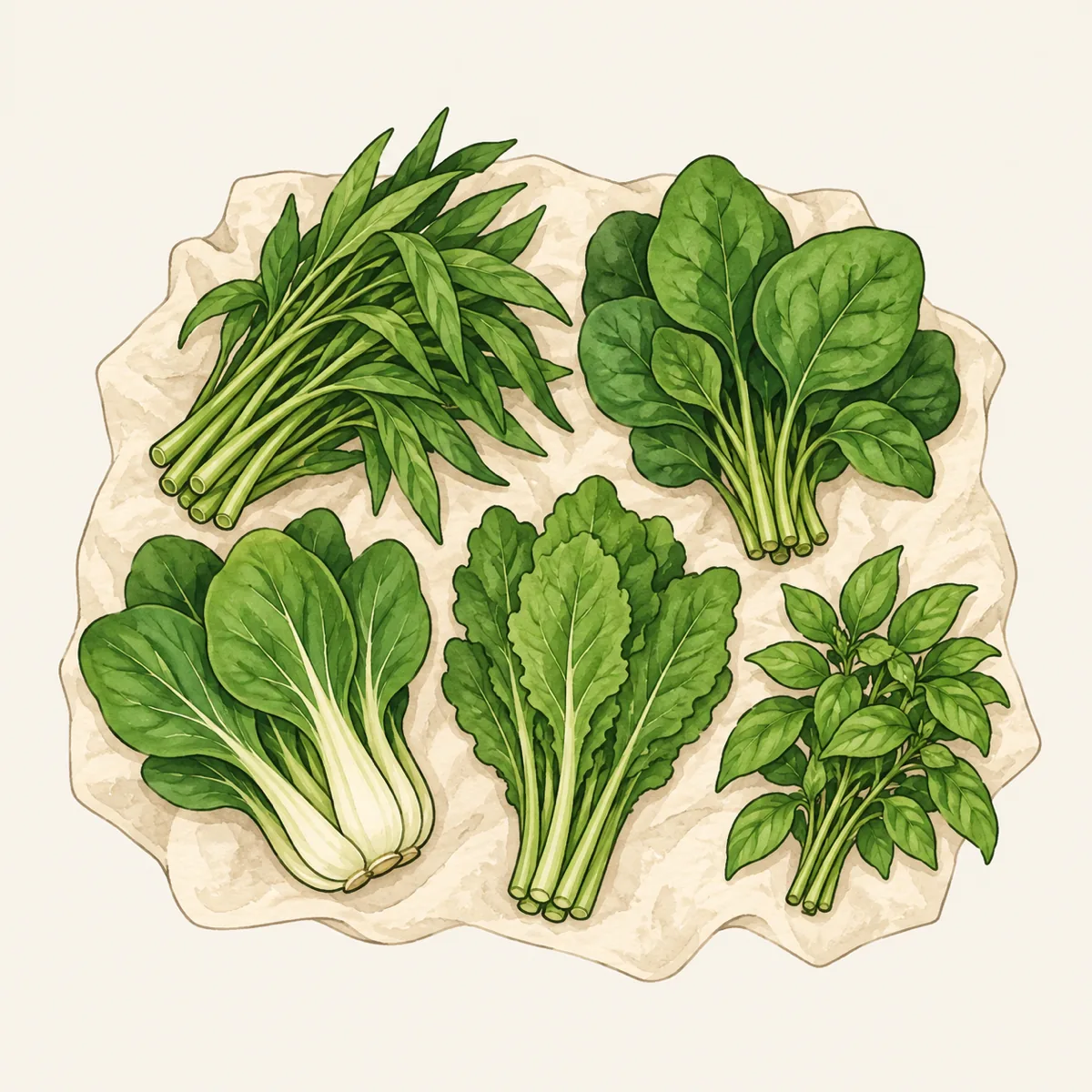 1: lima sayur segar tertata di atas kain katun — kangkung, bayam, pakcoy, caisim, kemangi — gaya flat-lay, cahaya pagi