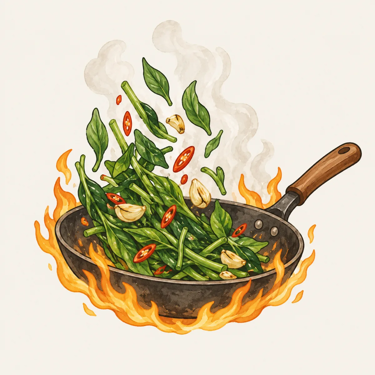 1: kangkung baru dilempar ke wajan panas berisi bawang putih geprek dan irisan cabai, api besar menjilat pinggir wajan, uap mengepul