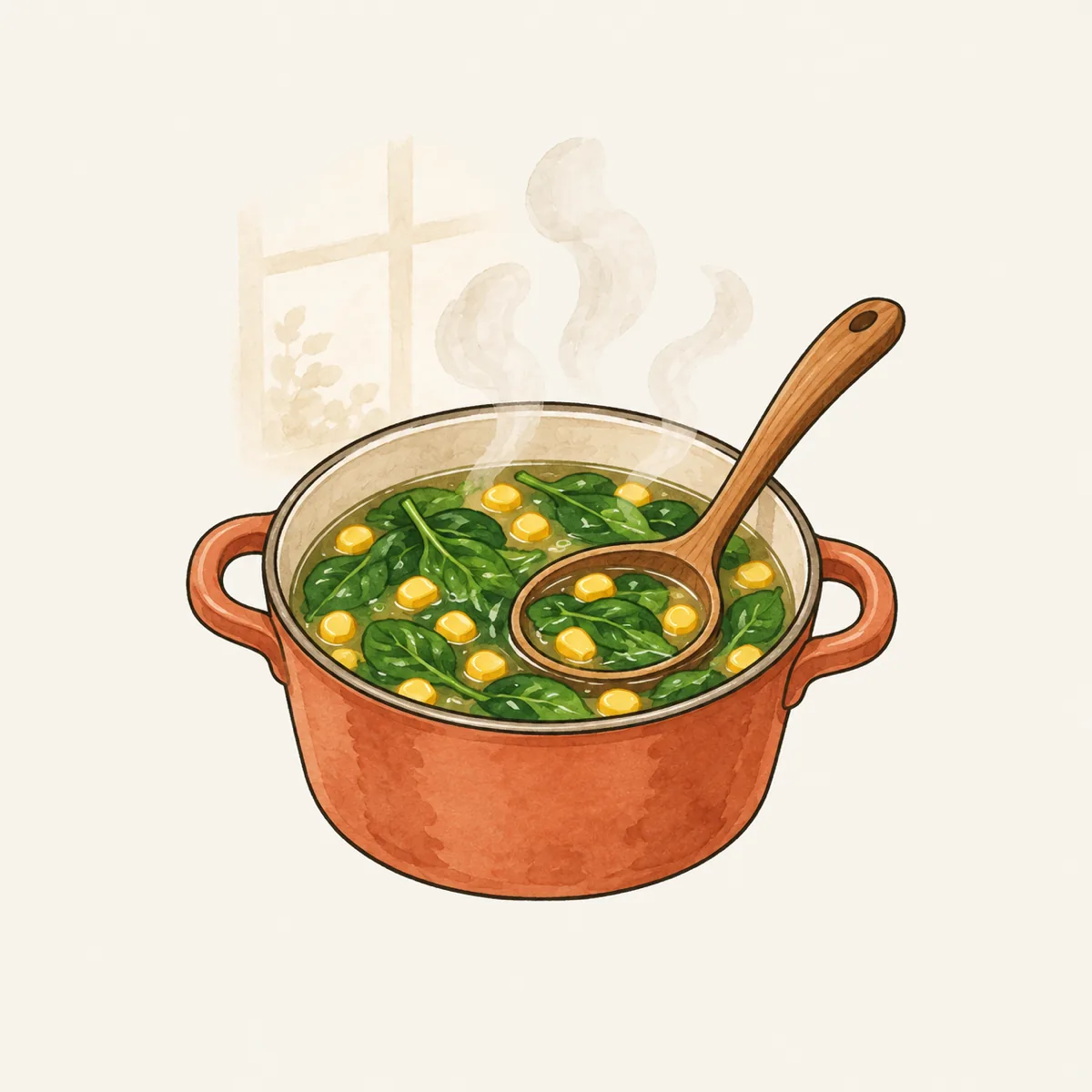 1: panci kecil berisi kuah bening dengan daun bayam dan pipilan jagung mengambang, sendok sayur kayu, uap tipis, cahaya jendela dapur
