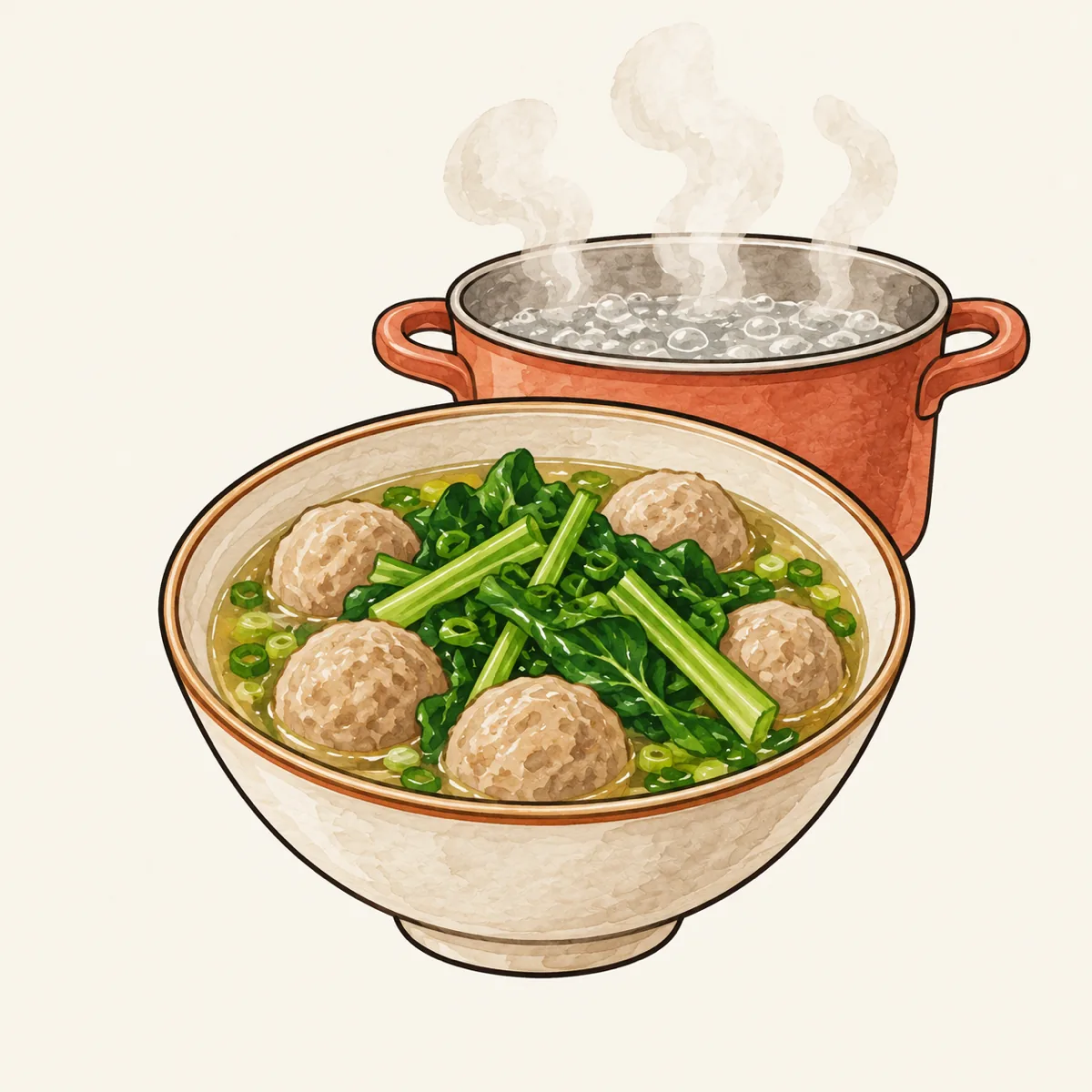 1: mangkuk bakso berkuah dengan caisim hijau terang di atasnya, di belakangnya panci air mendidih, dapur rumah, cahaya siang