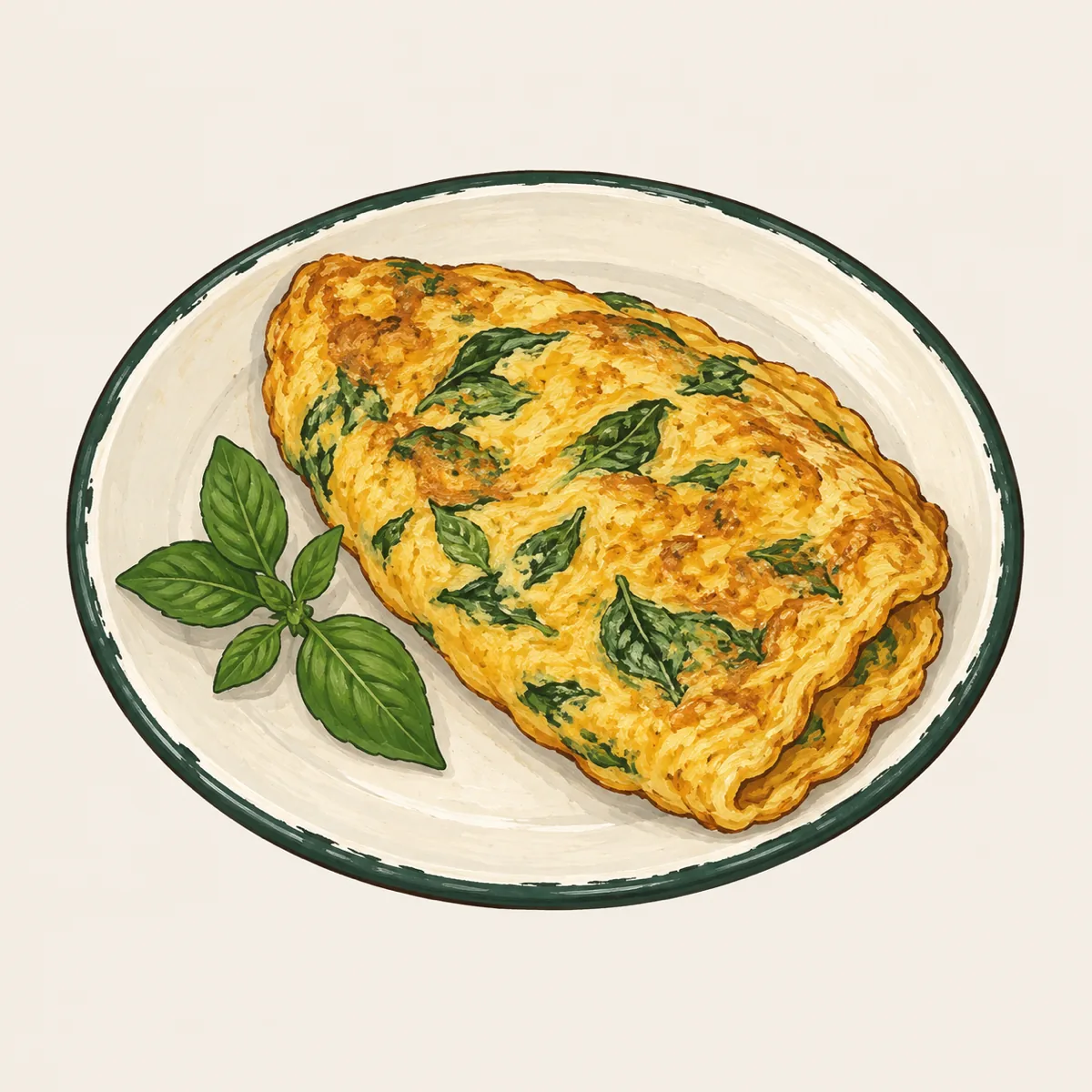 1: telur dadar terlipat dengan daun kemangi hijau tampak di permukaannya, di piring seng, tangkai kemangi segar di sampingnya, cahaya pagi