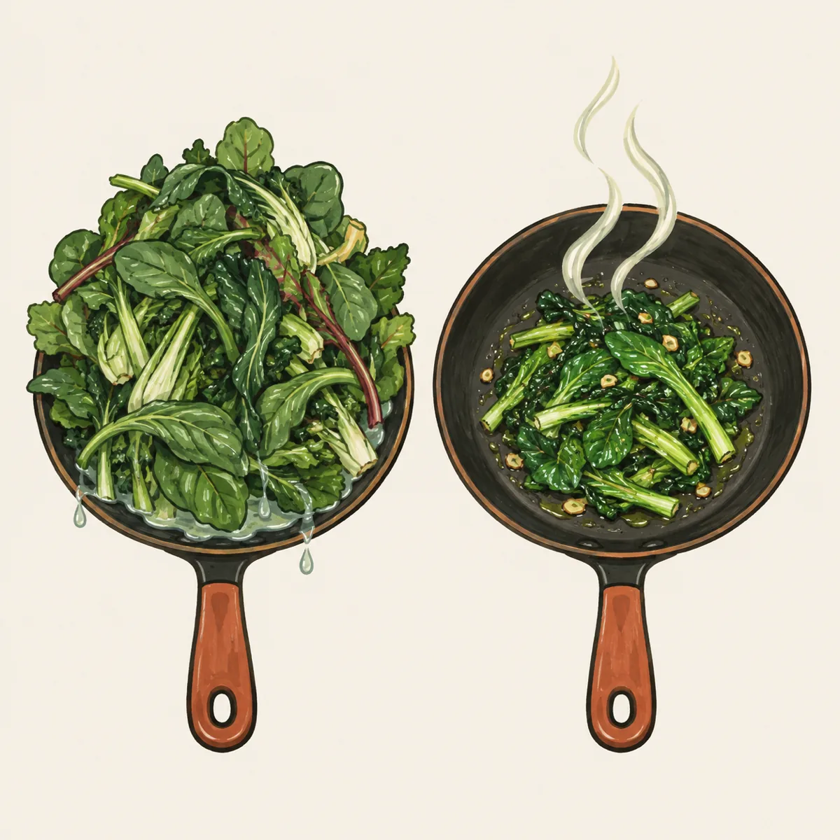 1: dua wajan bersebelahan — satu berisi tumpukan sayur menggunung dan berair, satu berisi sayur sedikit dengan uap tinggi dan hijau mengilap, dilihat dari atas