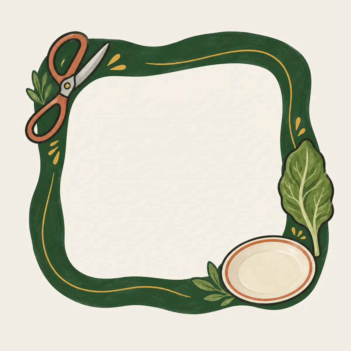 1: kartu ajakan dengan sketsa garis gunting dapur, sehelai daun, dan piring, dominan warna pine dengan bidang krem kosong di tengah, tanpa tulisan